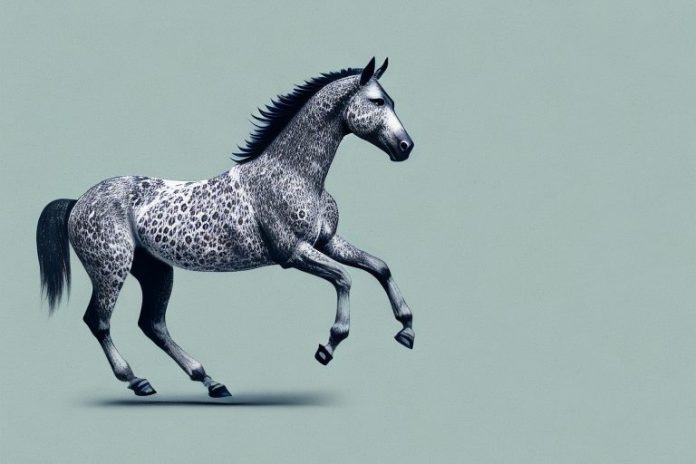 An appaloosa horse galloping through kempton park