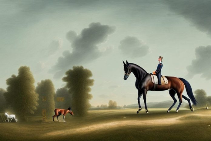 A dutch warmblood horse being ridden in a rural east london landscape