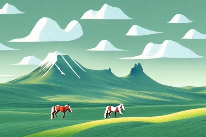 A horse and rider in a landscape of rolling hills and mountains in iceland