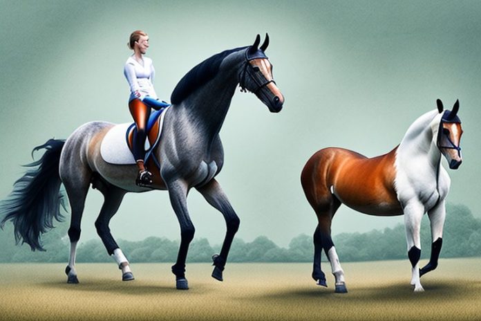 A dutch warmblood horse being ridden in a rural setting