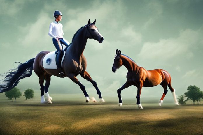 A dutch warmblood horse being ridden in a rural landscape