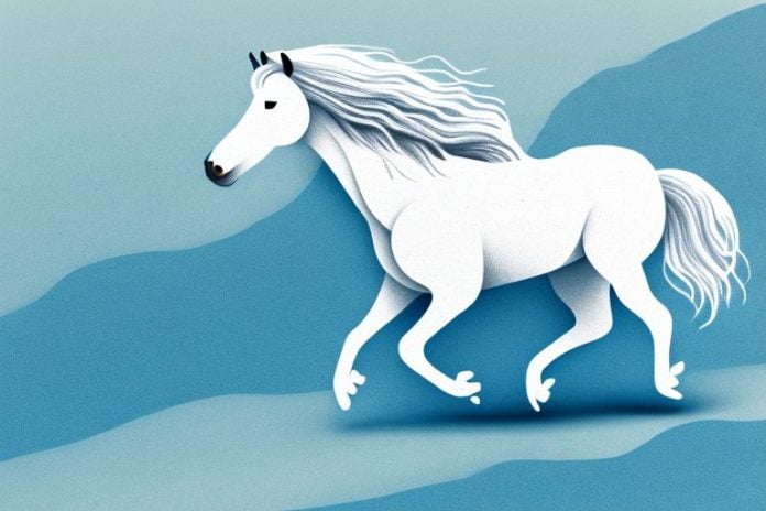 An icelandic horse galloping through a white river landscape