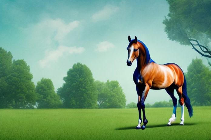 A dutch warmblood horse in an outdoor setting with trees and grass