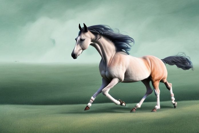 A dutch warmblood horse galloping in a rural landscape