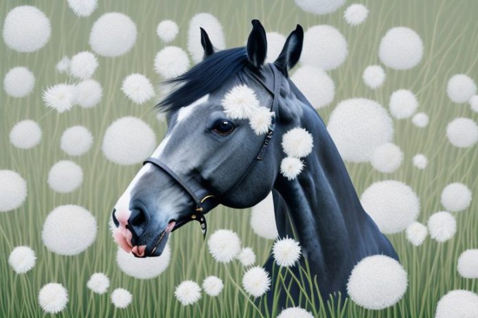 A dutch warmblood horse in a field of white flowers