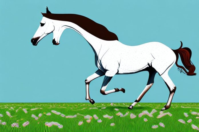 A dutch warmblood horse galloping in a field of springbok