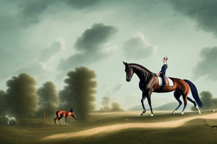 A dutch warmblood horse being ridden in a rural landscape
