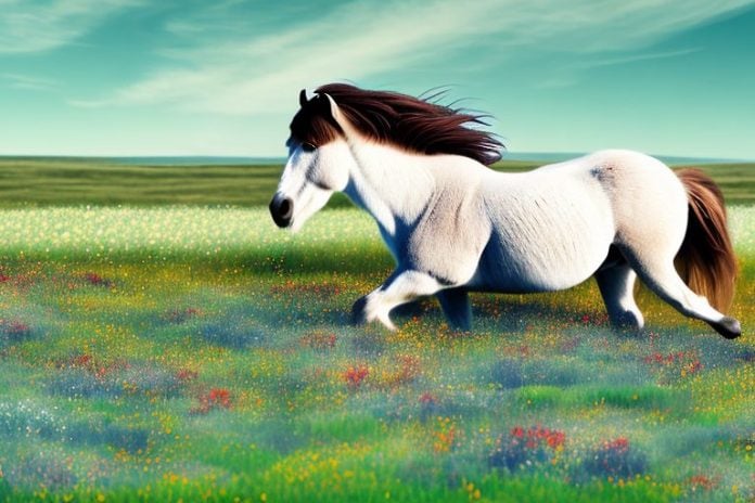An icelandic horse running through a field of wildflowers in springbok