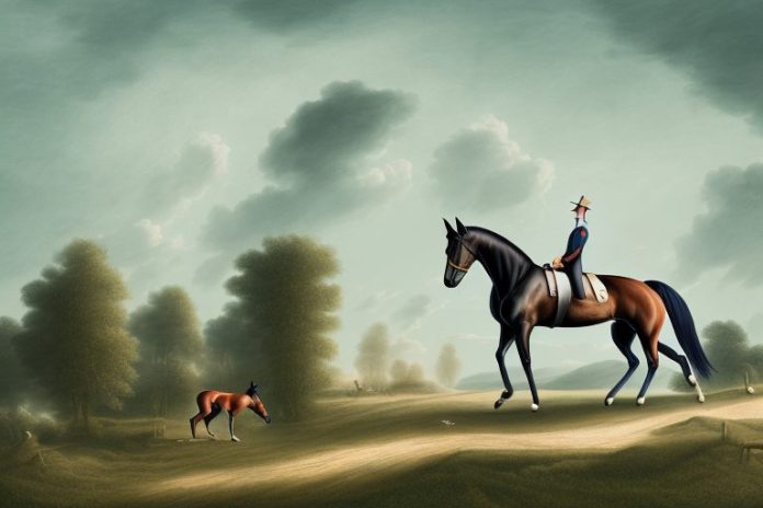 A dutch warmblood horse being ridden in a rural landscape