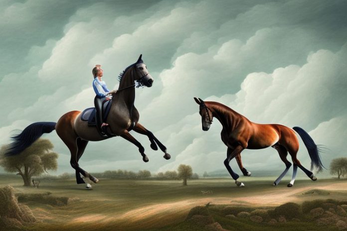 A dutch warmblood horse being ridden in a rural landscape in brits
