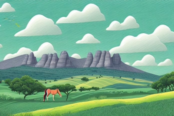 A horse in a landscape of rolling hills and mountains in rustenburg