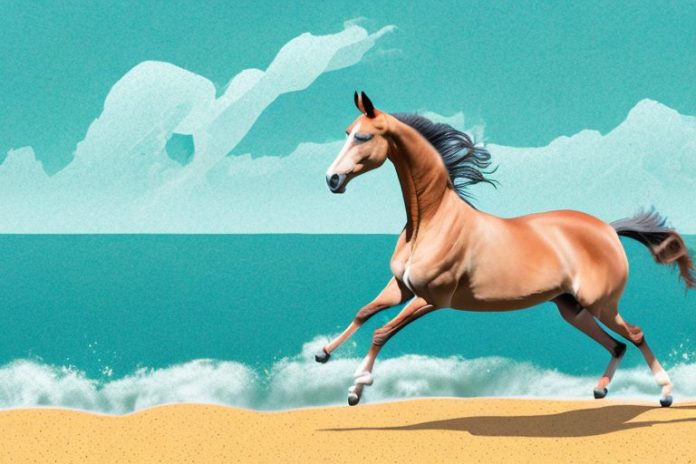 A dutch warmblood horse galloping along a beach in mossel bay