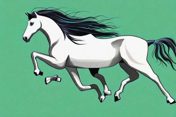 A mustang horse galloping through a grassy field in tongaat