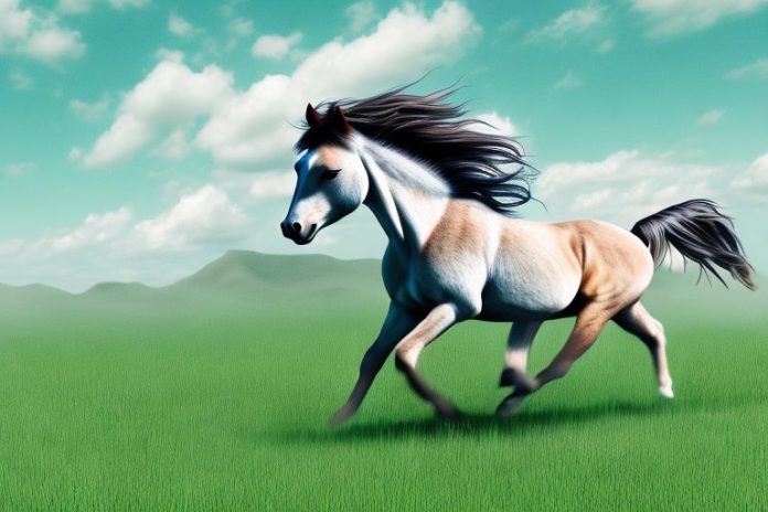 A wild mustang horse galloping in a grassy field near port shepstone