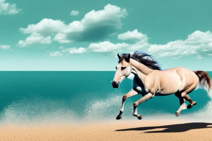 A wild mustang horse running through a beach landscape in margate
