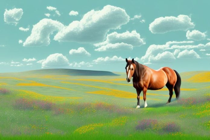 A horse in a landscape of rolling hills and wildflowers in orkney