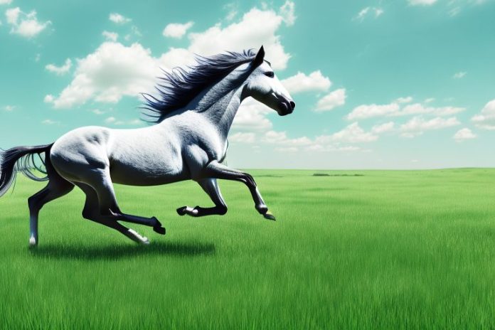 A wild mustang horse galloping through a grassy field in westville