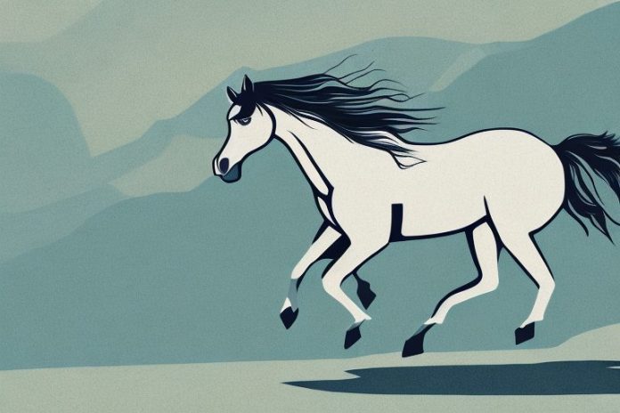A mustang horse galloping in a rural landscape