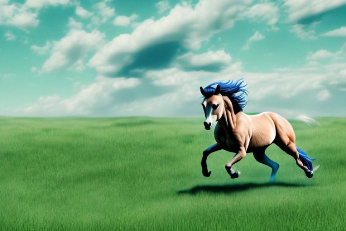 A wild mustang horse galloping through a grassy landscape near ballito