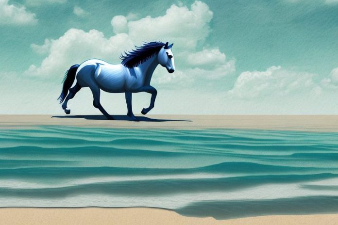 A mustang horse galloping through a beach landscape in port elizabeth