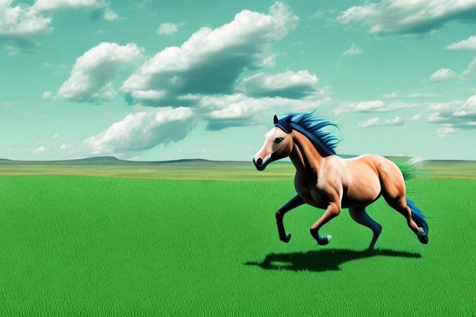 A mustang horse galloping through a grassy landscape in the eastern cape
