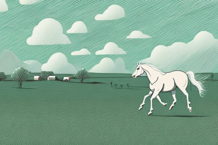 A horse galloping through a rural landscape in east london