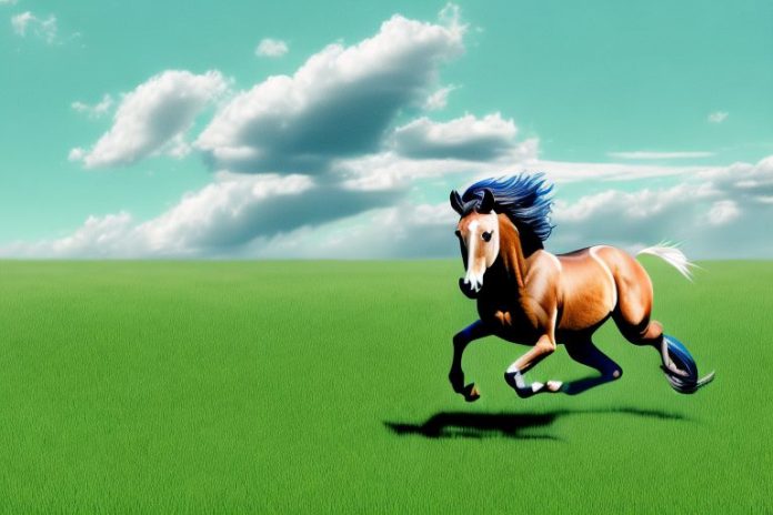 A wild mustang horse running in a grassy field in uitenhage