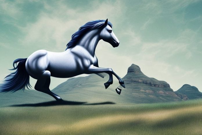 A majestic mustang horse galloping through the rolling hills of graaff-reinet