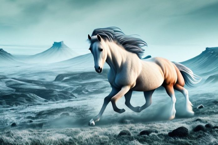 A horse galloping through a rugged icelandic landscape