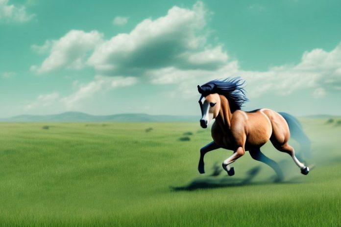 A wild mustang horse running through a grassy landscape near the coast