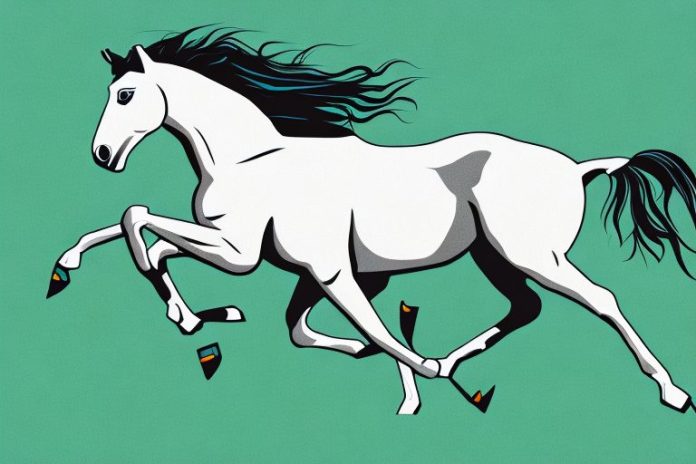 A mustang horse galloping through a grassy field