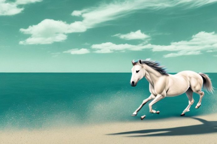 A wild mustang horse galloping through a beach landscape in jeffreys bay