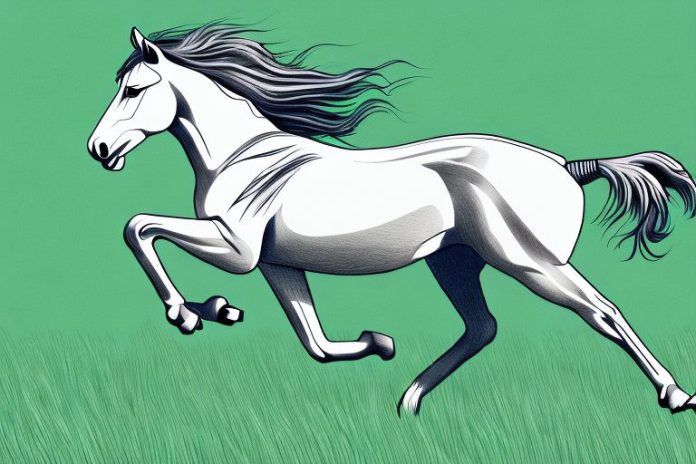 A wild mustang horse galloping in a grassy field in bloemfontein