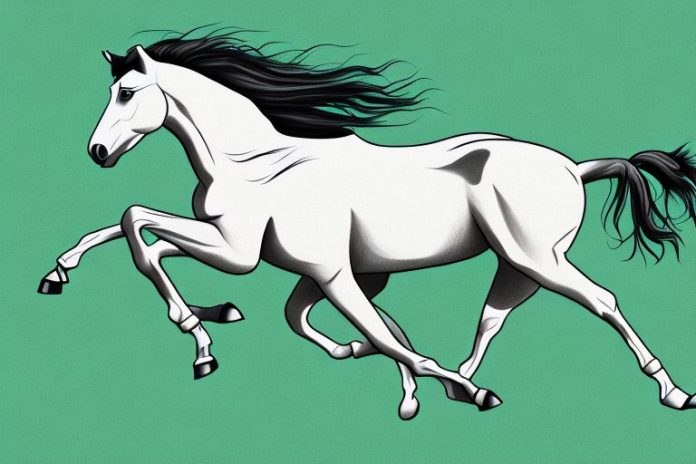 A mustang horse galloping through a grassy landscape