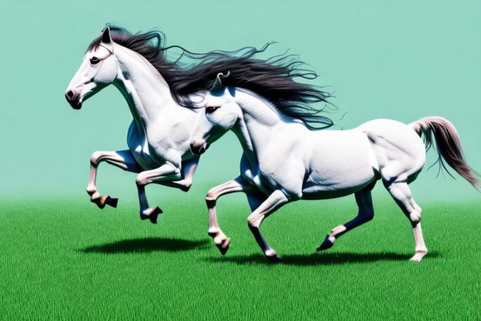 A mustang horse galloping in a grassy field in sasolburg