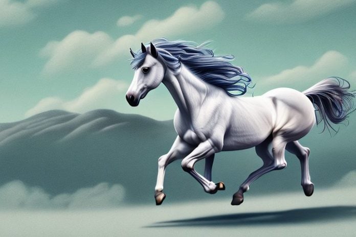 A majestic mustang horse galloping in front of a picturesque landscape of ficksburg