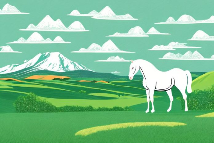 A horse in a landscape of rolling hills and green fields in vryburg