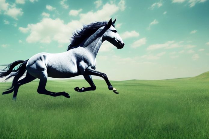 A wild mustang horse running through a grassy landscape in johannesburg