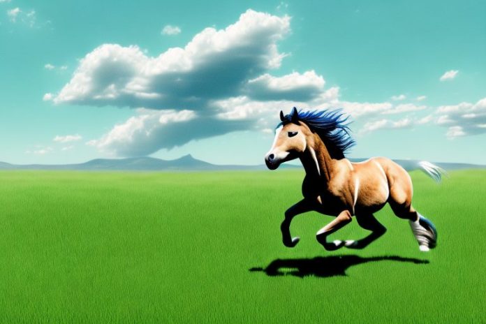 A wild mustang horse running in a grassy field in soweto
