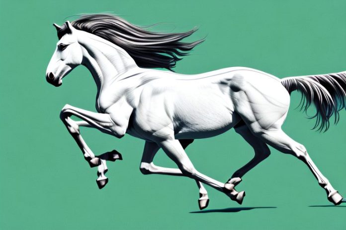 A majestic mustang horse galloping through a grassy field