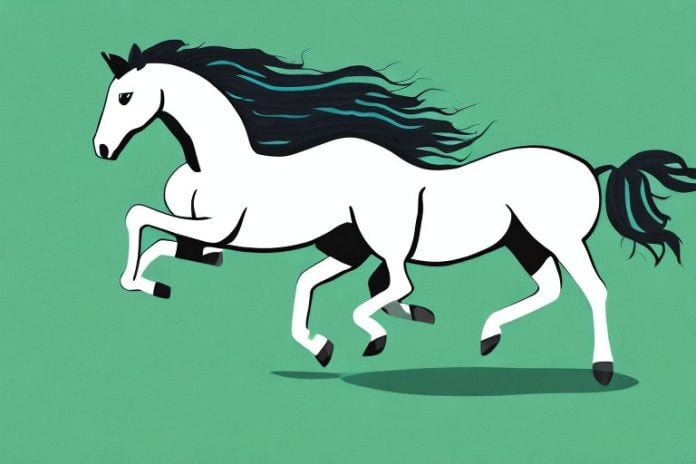 A wild mustang horse galloping across a grassy plain