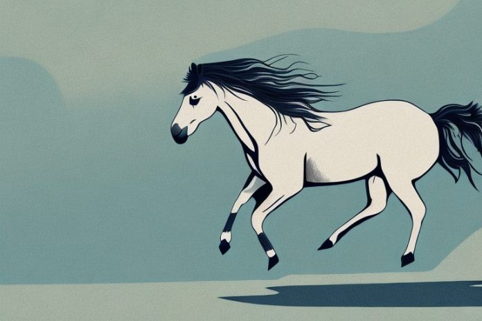 A mustang horse galloping in a rural landscape