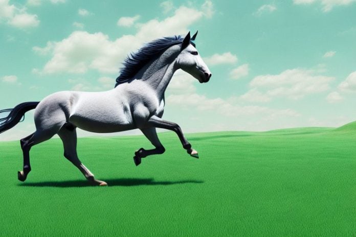 A mustang horse galloping through a grassy landscape in roodepoort