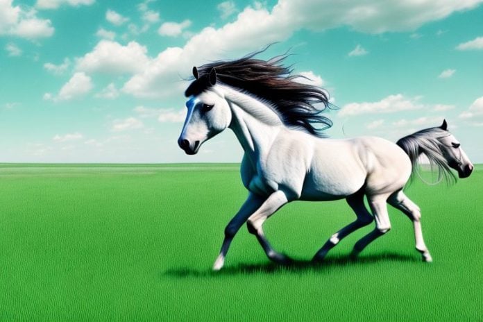 A mustang horse galloping through a grassy field in kempton park