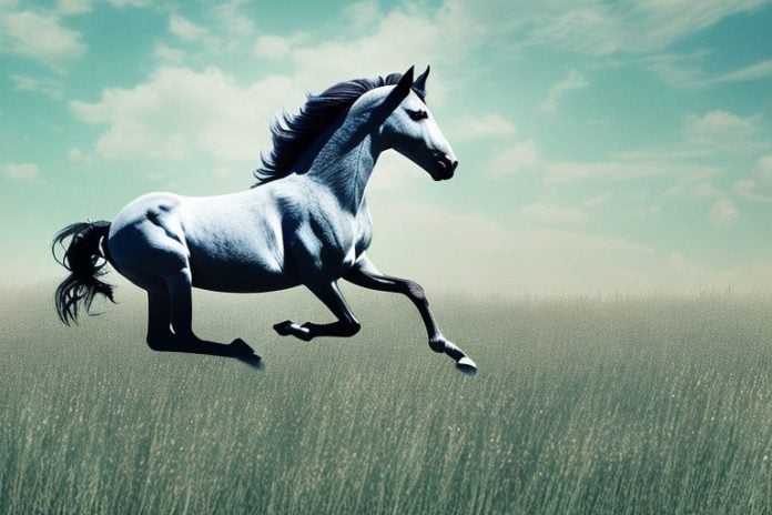 A wild mustang horse running through a field in germiston
