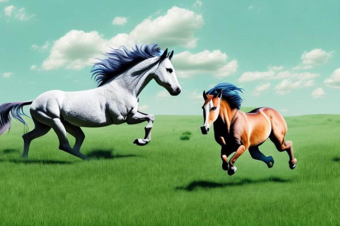 A wild mustang horse galloping through a grassy landscape in limpopo