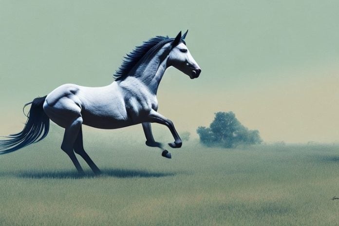A mustang horse galloping through a rural landscape in thohoyandou