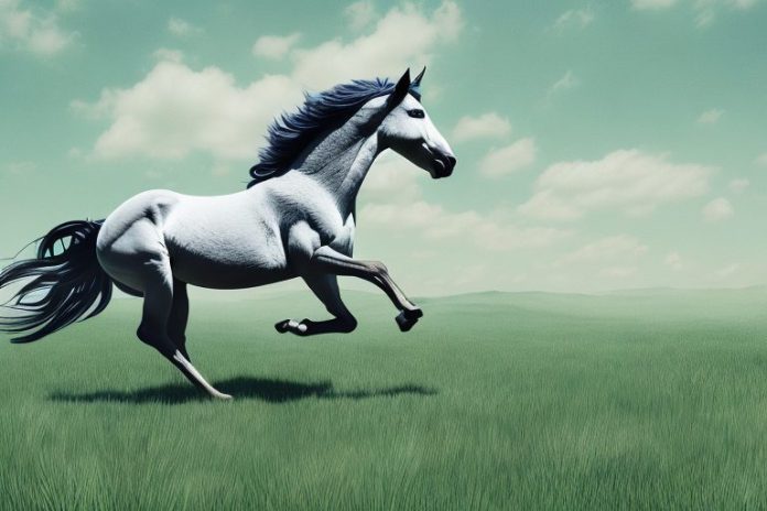 A wild mustang horse galloping through a grassy landscape in mokopane
