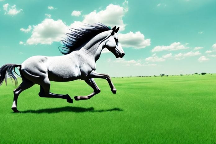 A wild mustang horse running through a grassy field in musina
