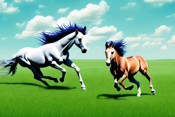 A wild mustang horse running in a grassy field in tzaneen